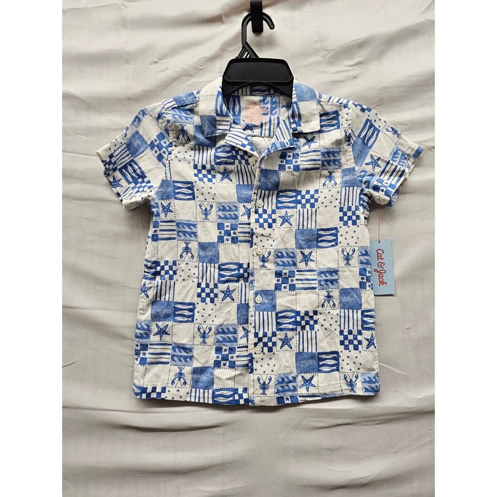 Cat & Jack Boys Short Sleeve Button Down Blue Linen Blend Casual Size XS (4/5)